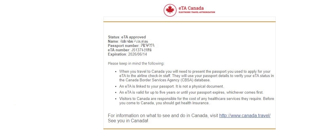 კანადა eTA Visa დამტკიცების ელ.ფოსტა
